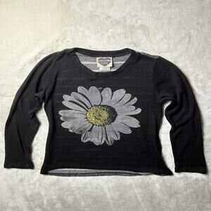 VTG Y2K Daisy Print Thin Knit Sweater Women's L Sheer Black White Yellow Emo